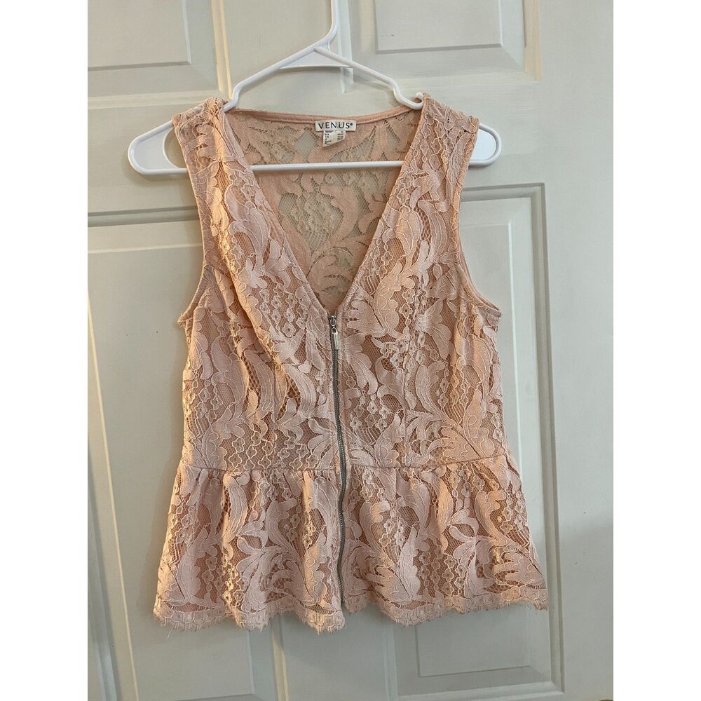Venus Pink Floral Lace Zip Front Sleeveless Peplum Top Sheer Medium Coquette
